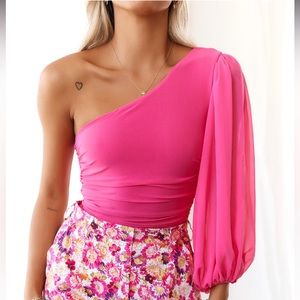 hello molly hot pink body suit one sleeve off shoulder